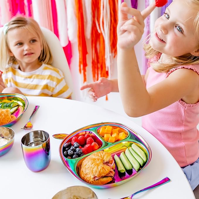 Ahimsa Stainless Steel Kids Plates - Divided Toddler Plates, Pediatrician Designed, Non Toxic Toddler Plate, BPA Free & Dishwasher Safe (Rainbow Single)-CubbioJoy
