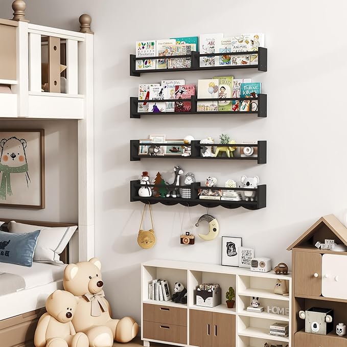 34Inch Nursery Bookshelves,Set of 4,Wall Floating Shelf Kids Coat Rack with 6Hooks,Hanging Book Shelf for Baby Nursery Room Décor ,Patent Number: 29958098(Black, 34)-CubbioJoy