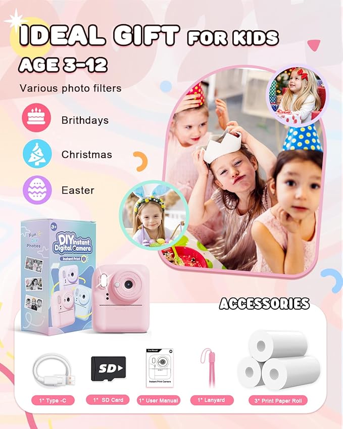JOYJAM Kids Camera Instant Print, Upgrade Dual-Lens Selfie Digital Camera for Kids, HD 1080P, Christmas Birthday Gifts Toys for Girls Age 3-12, Toddler Portable Toy with SD Card 3 Rolls Print Paper-CubbioJoy