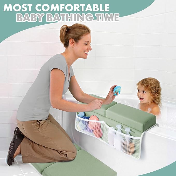 beiens Bath Kneeler and Elbow Rest Pad Set - 1.5'' Comfortable Thick Baby Bath Kneeler Pads, Quick Dry Soft Kneeling Pad for Baby Bath Time, Non-Slip Knee& Arm Support Bathtub Mat with Toys Organizer-CubbioJoy