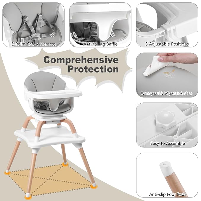 Baby High Chair, 7 in 1 Convertible High Chairs for Babies and Toddlers, Kids Learning Table, Building Block Table, Toddler Dining Chair with 360° Rotating Seat, 5-Point Safety Harness (Grey)-CubbioJoy