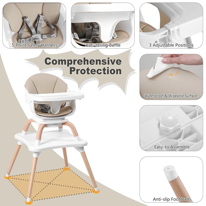 Baby High Chair, 7 in 1 Convertible High Chairs for Babies and Toddlers, Kids Learning Table, Building Block Table, Toddler Dining Chair with 360° Rotating Seat, 5-Point Safety Harness (Khaki)-CubbioJoy