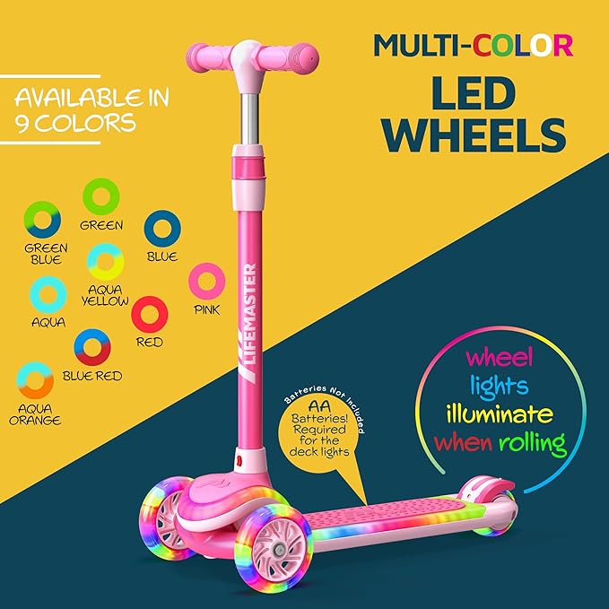 3-Wheel Kids Scooter with Multi-Color Lights on Deck & Wheels – 5-Height Adjustable Handlebar, Wide Anti-Slip Deck, Child Safety Certified, Boys & Girls Ages 3+ Supports Up to 150 lbs-CubbioJoy
