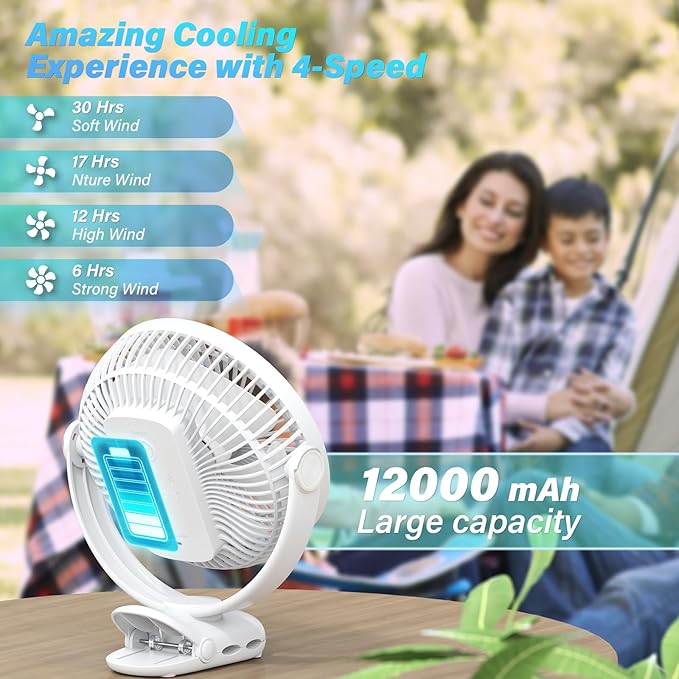 12000mAh Clip on Fan 30H Longest Runtime, 8in Portable Fan Rechargeable, Ultra Quiet with Heavy-Duty Clamp, USB Desk Fans for Golf Cart,Office Desk, Treadmill, Camping, Bedroom-CubbioJoy