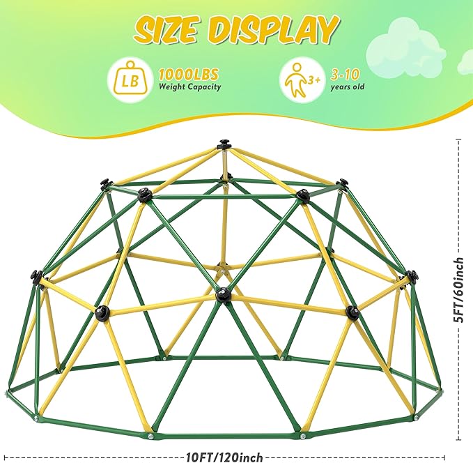 Climbing Dome, 10FT Dome Climber with Hammock & Swing for Kids 3-10, Kids Outdoor Jungle Gym Supports 1000lbs, Easy Assembly Playground Jungle Gym Backyard Play Equipment, Yellow+Green-CubbioJoy