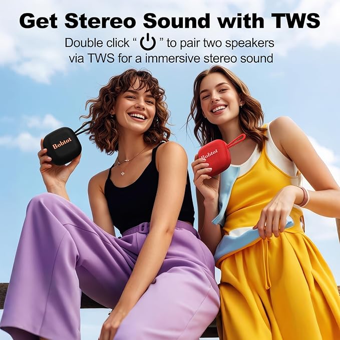 Bobtot Portable Bluetooth Speakers Wireless, IPX7 Waterproof Mini Speaker with 16 Hours Playtime, Loud Stereo Sound, TWS, Built-in Microphone, Small Size for Travel Sport, Black-CubbioJoy