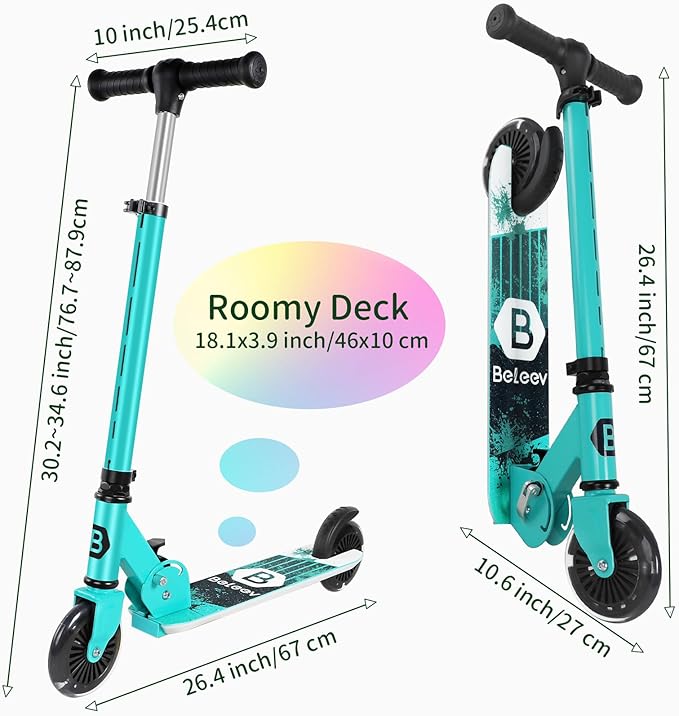 BELEEV V2 Scooters for Kids with Light-Up Wheels & Stem & Deck, 2 Wheel Folding Scooter for Girls Boys, 3 Adjustable Height, Non-Slip Pattern Deck, Lightweight Kick Scooter for Children Ages 3-12-CubbioJoy