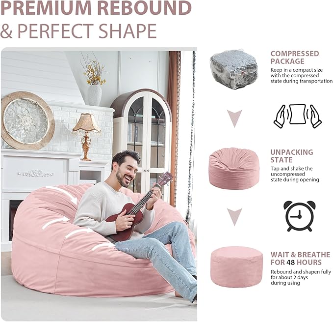 5FT Bean Bag Chair, Large Bean Bag Chairs with Memory Foam Filled, Fluffy Beanbag Sofa with Dutch Velvet Cover, Round BeanBag Chairs for Living Room, Playroom - Light Pink-CubbioJoy