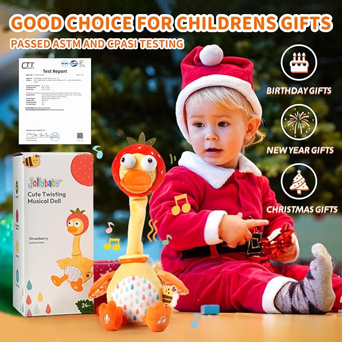 Jollybaby Plush Talking Singing Dancing Musical Strawberry Duck Toy for Toddlers 1-3 Just Like Cactus Toy, Music Mimicking Interactive Toys for Crawling Kids, Sensory Gift for Baby 0-6-12 Month-CubbioJoy