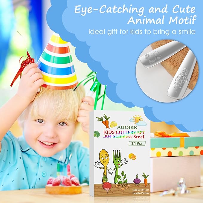 14-Piece Toddler Flatware, Kids Utensils Stainless Steel Cutlery Set, Children Safe Spoons and Forks with Ergonomic Handle, Easy to use and Dishwasher Safe (Crocodile and Bear)-CubbioJoy