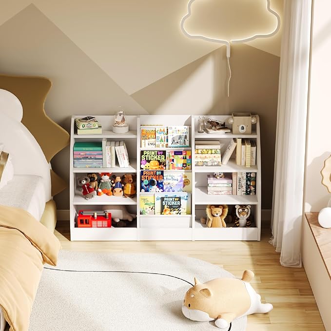 4 Tier Kids Bookshelf, 4 Layer Sling Kids Book Shelf for Kids Rooms, XXL Wood Children Bookcase,Baby Storage Book Rack,Toddler Bookshelf, Book and Toy Organizer,Book Display Shelf for Bedroom, Nursery-CubbioJoy