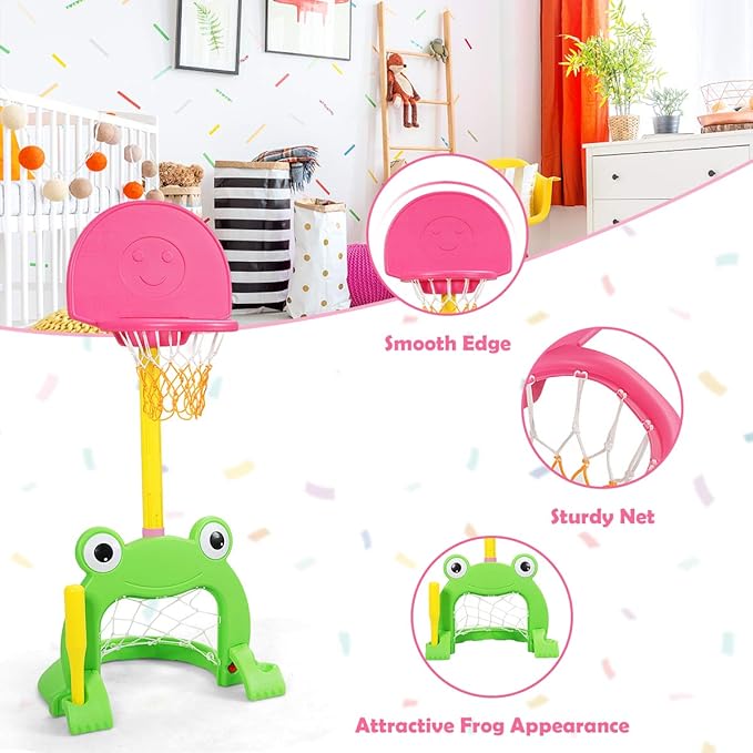 Costzon Toddler Basketball Hoop, 3-in-1 Sports Set for Basketball, Baseball & Football, 6 Height Adjustable Basketball Toy Activity Center for Indoor & Outdoor, Best Gift for Kids (Cute Frog)-CubbioJoy