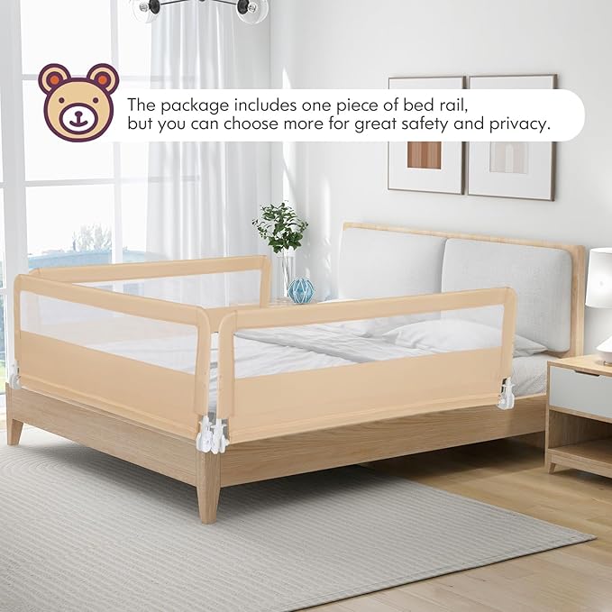 BABY JOY Bed Rails for Toddlers, 59'' Extra Long, Swing Down Bed Guard w/Safety Strap, Folding Baby Bedrail for Kids Twin, Double, Full Size Queen & King Mattress (59-Inch, Beige)-CubbioJoy