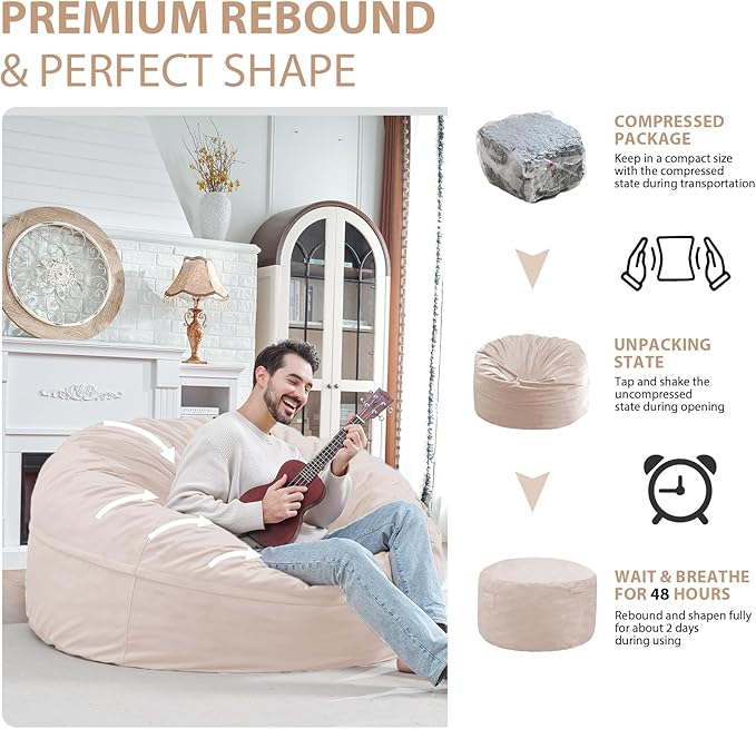 5FT Bean Bag Chair, Large Bean Bag Chairs with Memory Foam Filled, Fluffy Beanbag Sofa with Dutch Velvet Cover, Round BeanBag Chairs for Living Room, Playroom - Beige-CubbioJoy