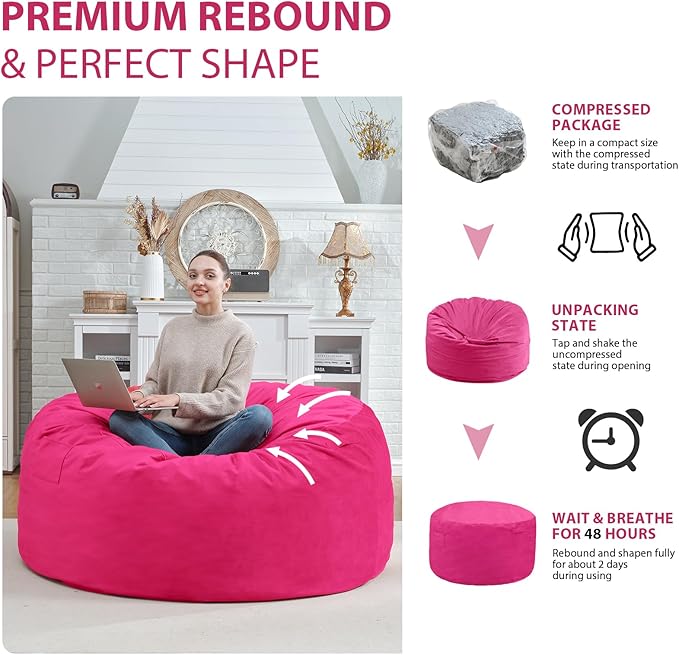 4FT Bean Bag Chair, Large Bean Bag Chairs with Memory Foam Filled, Fluffy Beanbag Sofa with Dutch Velvet Cover, Round BeanBag Chairs for Living Room, Playroom - Pink-CubbioJoy