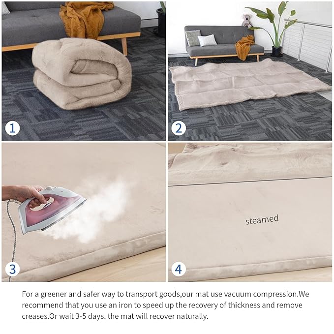 Baby Play Mat for Floor,1.3" Thick Memory foam Tummy Time Mat,79"×158“ Extra Large Soft Coral Velvet Nursery Rug,Non Slip Safe for Crawling,Toddlers,Infants,kids,Tatami Style for Living Room(Beige)-CubbioJoy