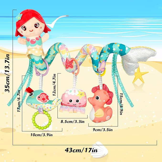 Carseat Toys Hanging Car Seat Toys for Babies 0-6 Months Boy Girl, Mermaid Stroller Toy Newborn Infant Sensory Baby Toy 0-6 Months with Music Rattle Teether, Gift for 0 3 6 9 12 Months-CubbioJoy
