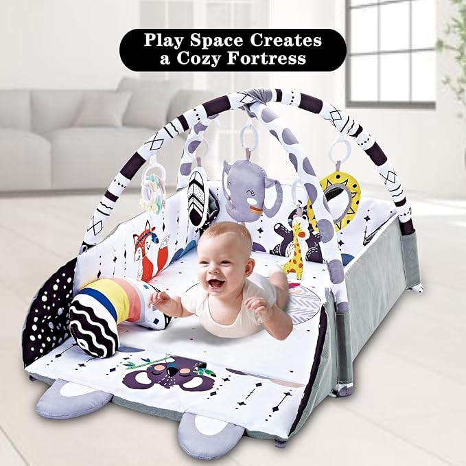 Baby Gym Play Mat, 8-in-1 Tummy Time Mat & Activity Gym, Washable Ball Pit, Infant Play Mat with Detachable Toys for Sensory Exploration and Motor Skill Development-CubbioJoy