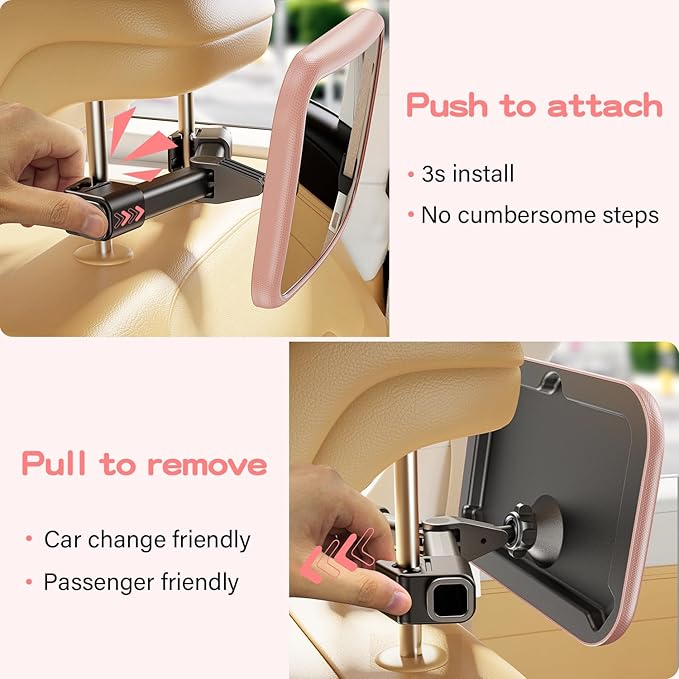 Car Mirror for Baby - Hook Clip Design, Never Shake Car Seat Mirror, Rear Facing, Easy Install, Back Seat Crystal Clear View, ShatterProof Tested - Pink-CubbioJoy