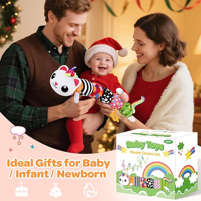 Baby Toys 0-6 6-12 Months, Sensory Musical Animal Stuffed Toy for Infant 0-3 3-6 Months, Tummy Time Toys with Mirror Crinkle Rattle, Plush Unicorn Cat Toy Gifts for 0 1 2 3 4 5 6+ Months Boys Girls-CubbioJoy