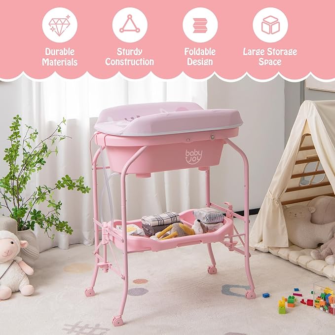 BABY JOY Baby Bathtub with Changing Table, Foldable Infant Diaper Changing Station with Storage Tray, Waterproof Pad, Portable Newborn Nursery Organizer Bath Stand with 4 Universal Wheels (Pink)-CubbioJoy