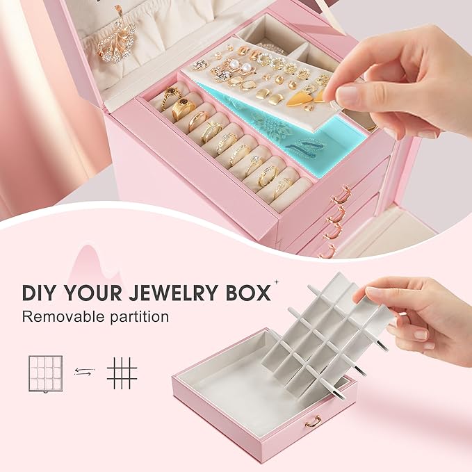 5-Layer Jewelry Box with 4 Drawers, Huge Portable Jewelry Organizer with Lock and Mirror for Women, for Necklace Ring Earring Bracelet Storage, Lockable Jewelry Case, Pink-CubbioJoy