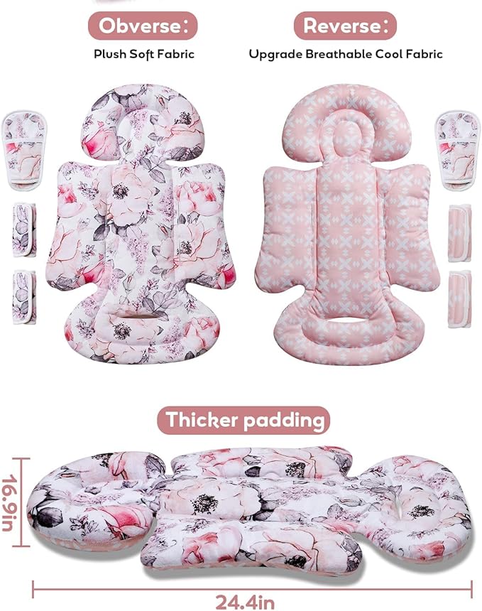 Infant Car Seat Insert, Enlarged Head Support for Baby Carseat, Reversible Newborn Insert with 3 Strap Covers, 2-in-1 Baby Car Seat Cushion for Stroller, Swing, Bouncer, Rocker - Pink Floral-CubbioJoy