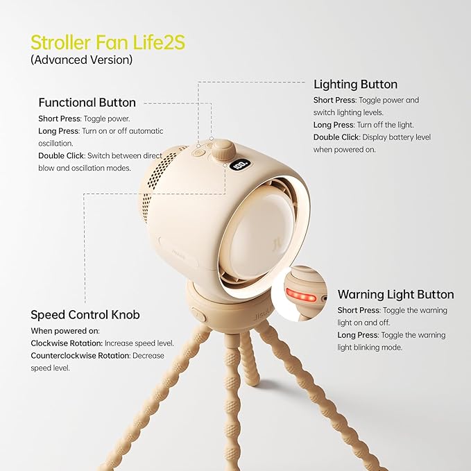JISULIFE Stroller Fan Baby Large, Safe Bladeless for Crib, Desk, Portable Battery Rechargeable Cooling Fan with Air Turbo Tech, Night Light, Food-Grade Gift for Mom/Dad/Friend - Brown-CubbioJoy