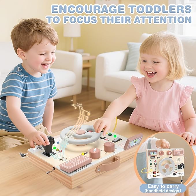 Joyreal Montessori Toddler Busy Board - Montessori Toys for 1 2 3 Years Old, Wooden Sensory Board with LED Lights, Steering Wheel, Music Player, Travel Toys for 1+ Year Old Boy & Girl Birthday Gift-CubbioJoy