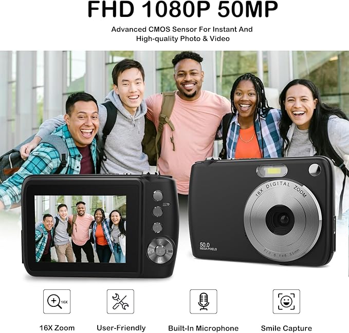 Digital Camera, Kids Cameras for 50MP FHD 1080P, Digital Point and Shoot Camera with 16X Zoom Anti Shake, Compact Small Cameras Gift for Boys Girls Kids, Black-CubbioJoy