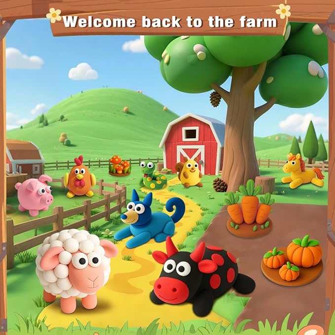 BEIREG Air Dry Clay Farm Adventure Kit for Kids - 15 DIY Farm Animals & Vegetables with Tutorials, Ultra Soft Modeling Magic Clay, Safe Non-Toxic STEM Educational Craft Gift for Boys & Girls Ages 3-12-CubbioJoy