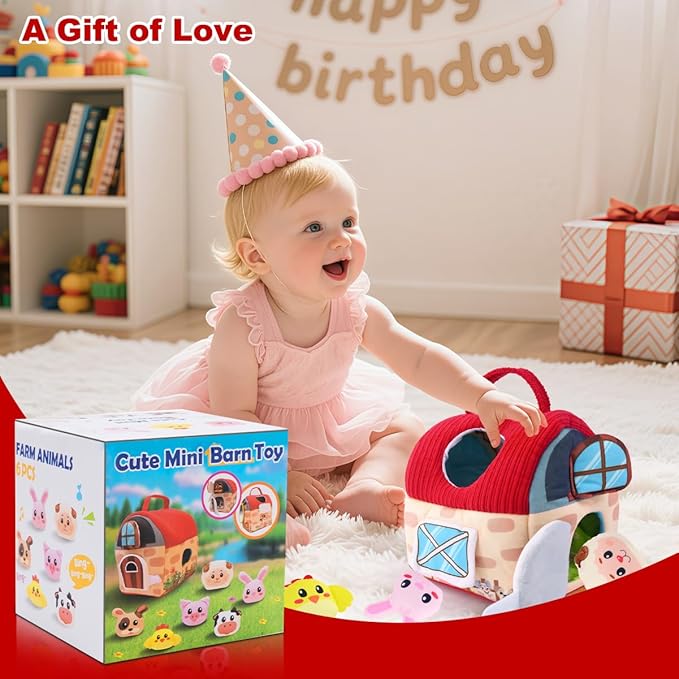 Baby Toys 6-12 Months – Montessori Sensory Barn with Plush Farm Animals, Rattles, Crinkle & Mirror – 1st Birthday Gift or Easter Basket Stuffer for Babies-CubbioJoy