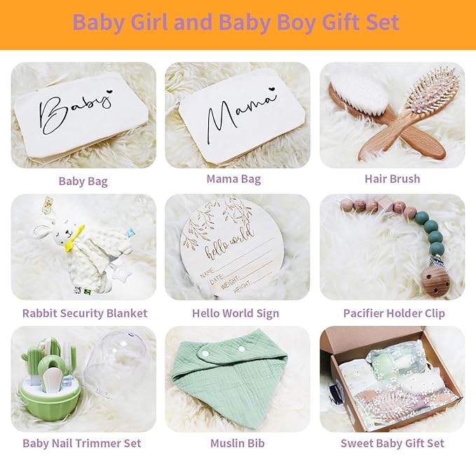 Baby Gifts Gender Neutral 10 Packs Baby Essentials Baby Shower Gifts Newborn Essentials Must Haves - Baby Brush and Comb Set Soft Security Blanket Baby Nail Clippers Greeting Cards Practical and Cute-CubbioJoy