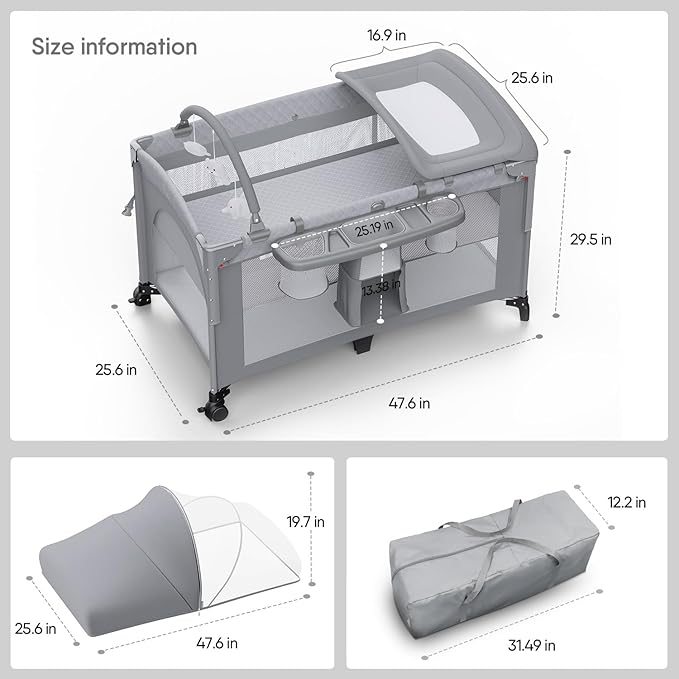 4 in 1 Baby Bassinet, Pack and Play, Bedside Crib Sleeper, Diaper Changer - Comes with Mattress, Mosquito Net,Bottom Storage and Toy Bar for Newborn to Toddles-CubbioJoy