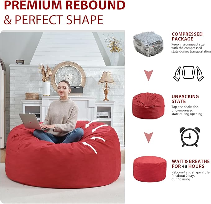 4FT Bean Bag Chair, Large Bean Bag Chairs with Memory Foam Filled, Fluffy Beanbag Sofa with Dutch Velvet Cover, Round BeanBag Chairs for Living Room, Playroom - Red-CubbioJoy