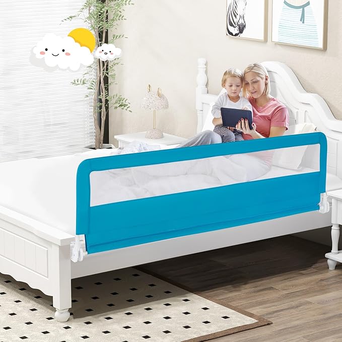 BABY JOY Bed Rails for Toddlers, 71'' Extra Long, Upgraded Swing Down Bed Guard w/Safety Strap, Folding Baby Bedrail for Kids Twin, Double, Full Size Queen & King Mattress (71-Inch, Blue)-CubbioJoy