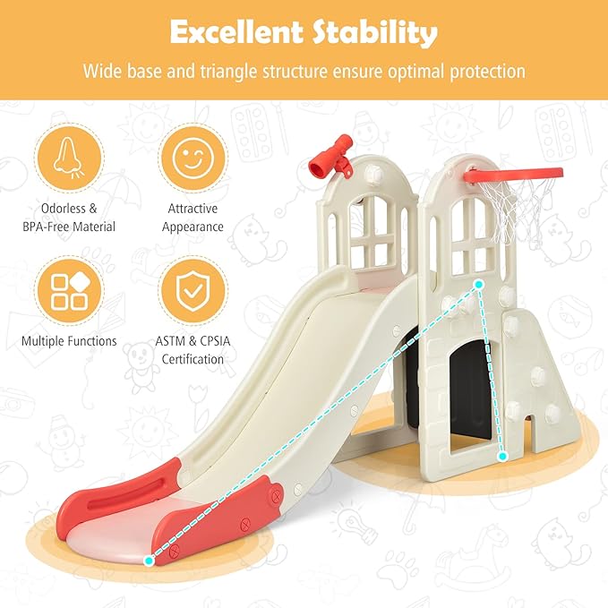 BABY JOY Toddler Large Slide, 6 in 1 Slide for Kids with Basketball Hoop, Ring Toss, 2 in 1 Convertible Climbing Way, Freestanding Kids Slide Climber Set for Indoors Outdoor Boys Girls Gifts Present-CubbioJoy