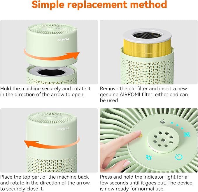 AIRROMI Pets Air Purifier for Home Allergies,Up to 660 ft².Yellow Deodorizing Activated Carbon Filter,With Fragrance Sponge for Better Sleep,Night Light,Pet Dander,Smoke,Odors,Air Cleaner A2002 Green-CubbioJoy