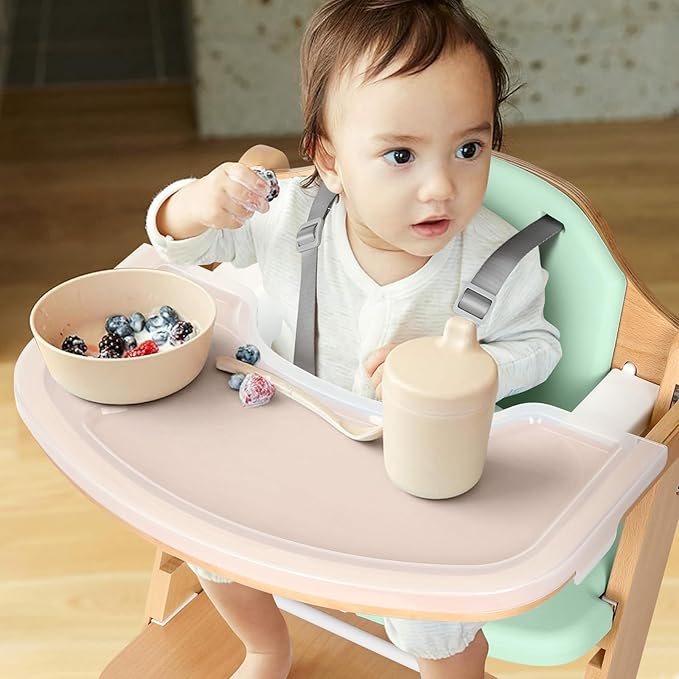 Cowiewie Natural Wooden High Chair for Babies & Toddlers 3-Tier Remove Adjustable Tray and Highchair with Cushions, Easy to Clean, Portable(Green)-CubbioJoy