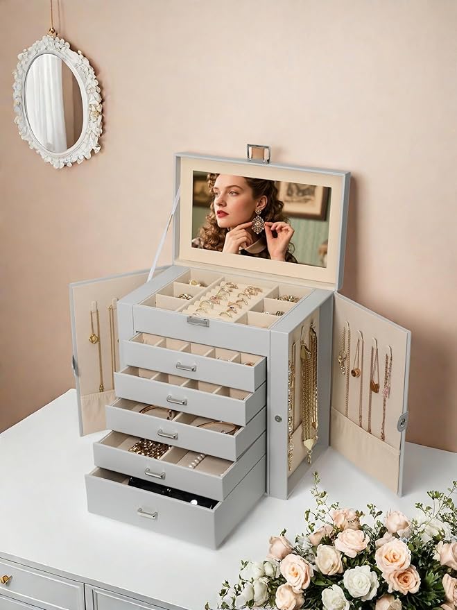 BOOVO Jewelry Box For women, 6 Layer Large Jewelry Organizer With Mirror, Multi-Function Storage Box With Lock, Necklace Holder With 5 Drawers, For Earrings Necklace Bracelet (Silver and Grey)-CubbioJoy
