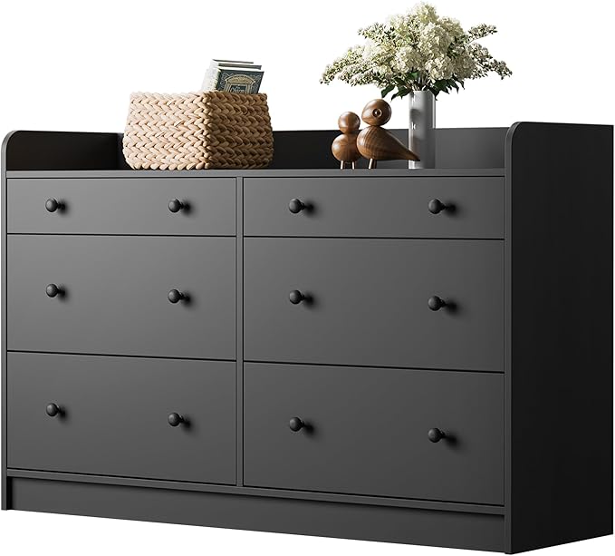 Cozy Castle Baby Dresser with 6 Drawers and Large Table Top, Multi-Functional Chest of Drawer, Drawer Dresser with Three-Sided High Rails for Nursery, Children's Room, Bedroom, Black-CubbioJoy