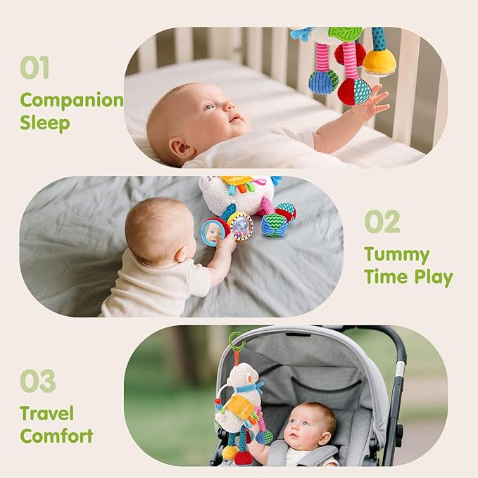 hahaland Baby Toys 0-6 Months - Baby Sensory Toys 0-3-6 Months Car Seat Toy Hanging - Musical Animals with Pull String Rattle Teether Crinkle Mirror, Crib Stroller Toy Tummy Time Babies Girl Boy Gifts