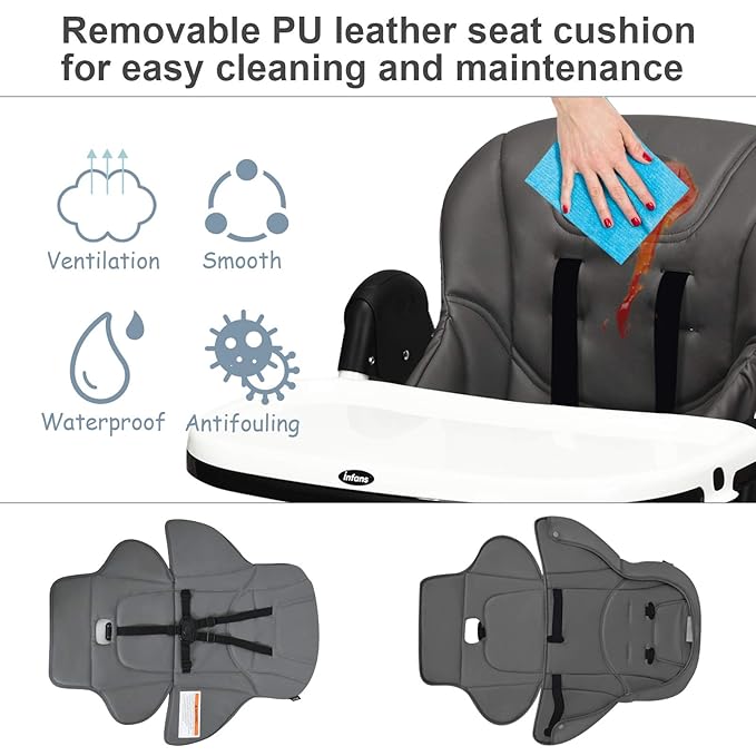 INFANS High Chair for Babies & Toddlers, Foldable Highchair with Multiple Adjustable Backrest, Footrest and Seat Height, Removable Tray, Detachable PU Leather Cushion, Built-in Rear Wheels (Dark Grey)-CubbioJoy