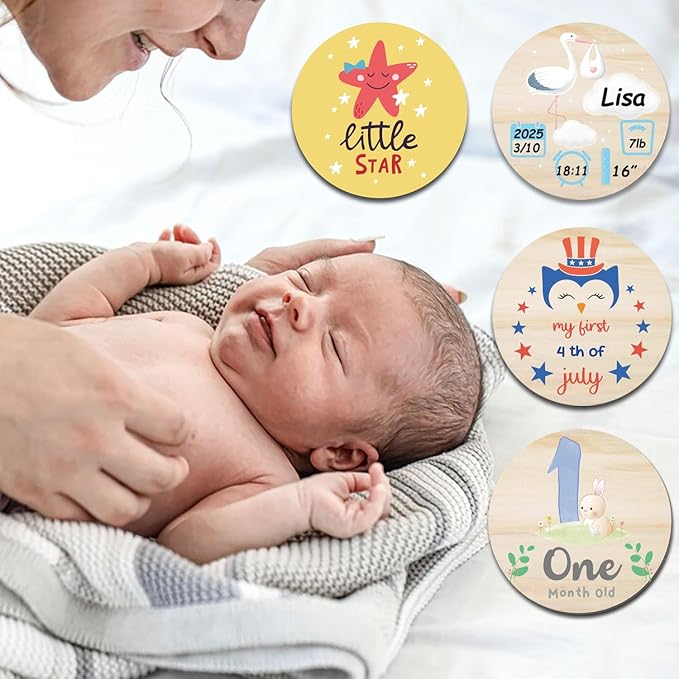42 Designs First Year Milestones,Wooden Baby First Holiday Signs,Baby Monthly Milestone Photo Props for Newborn to Age 1,Pregnancy Baby Shower Cards (First Holiday Milestone)-CubbioJoy
