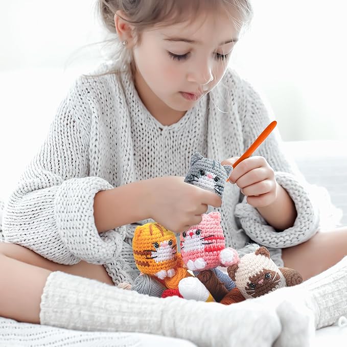Crochet Kit for Beginners -4 PCS Cat Crochet Kit with Step-by-Step Video Tutorials, Learn to Crochet Kits for Adults and Kids, Beginner Crochet Kits for Adults, Animals Cat Crafts Knitting Kit-CubbioJoy