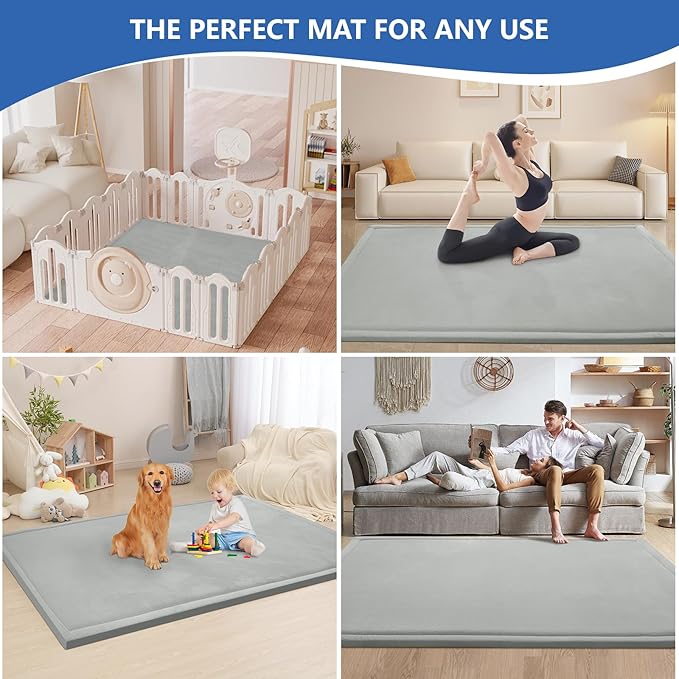 Baby Play Mat for Floor,1.3" Thick Memory foam Tummy Time Mat,Water Repellent Soft Velvet Nursery Rug,Extra Large Non Slip for Crawling,Toddlers,Infants,kids,Tatami Style for Living Room(Light Grey)-CubbioJoy