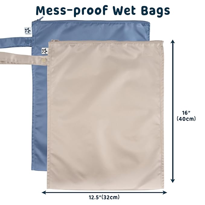 Tiny Twinkle Mess-Proof Waterproof Wet Dry Bag | 2-Pack Reusable Wet Bags for Swimsuits & Baby Clothes | Leakproof Wet Bag for Travel & Diaper Changes for Baby (Periwinkle, Pebble)-CubbioJoy