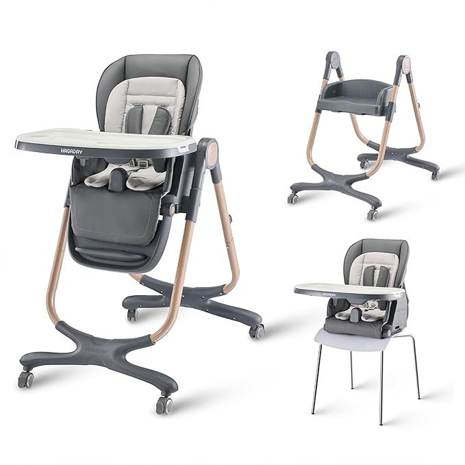 6 in 1 Convertible High Chairs for Babies and Toddlers,Portable High Chair with Dishwasher Tray and 4 Wheel,Booster Seat for Dining Table,Foldable Toddle and Baby Feeding Highchair (Gold-Grey)-CubbioJoy