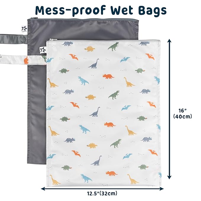 Tiny Twinkle Mess-Proof Waterproof Wet Dry Bag | 2-Pack Reusable Wet Bags for Swimsuits & Baby Clothes | Leakproof Wet Bag for Travel & Diaper Changes for Baby (Dinosaur)-CubbioJoy