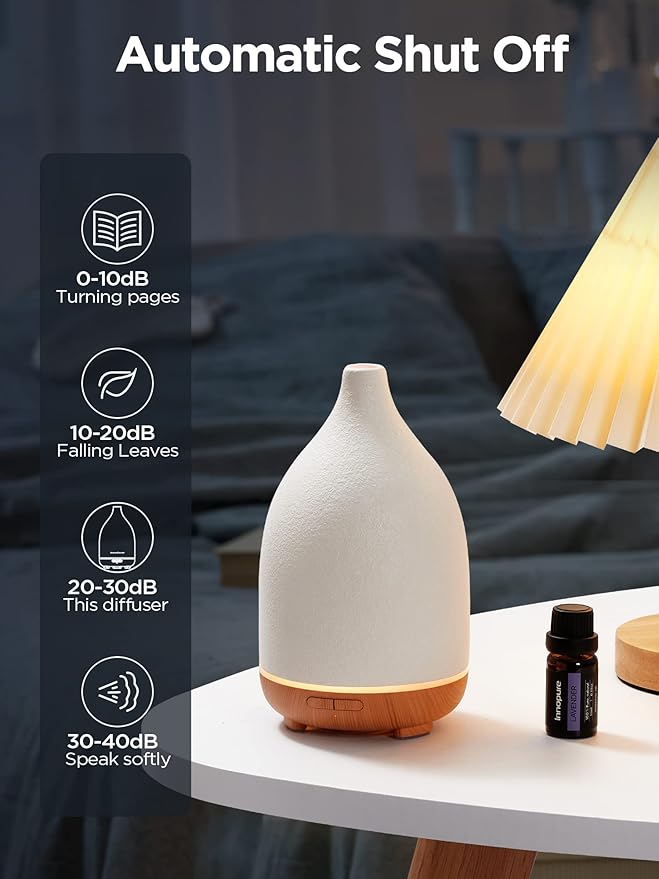 InnoGear Oil Diffuser, 150ML Ceramic Diffuser for Essential Oils Handcrafted Aromatherapy Diffuser Ultrasonic Cool Mist Humidifier with 2 Mist Modes Waterless Auto Off for Room Office, White-CubbioJoy